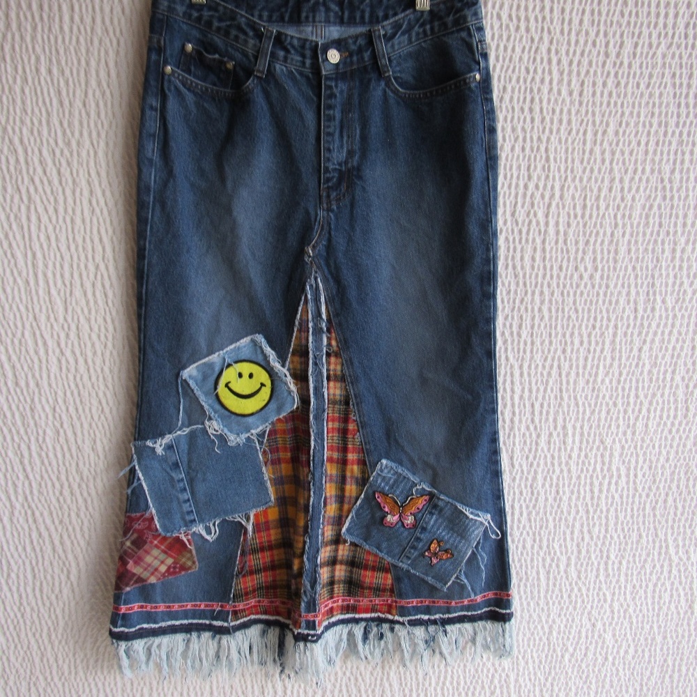 Long Denim Skirt Hippie Vintage Frayed M